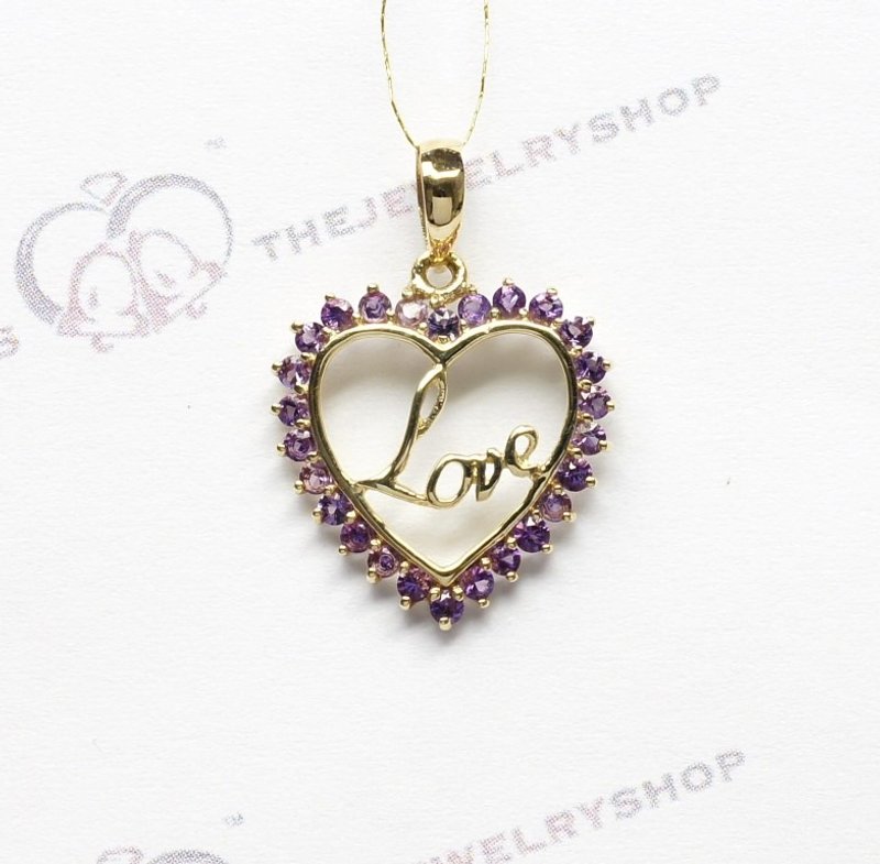 14K黄金 紫水晶心形 love 吊坠 / 送给情人 / 母亲礼物 / 生日石 (包邮) - 项链 - 宝石 紫色