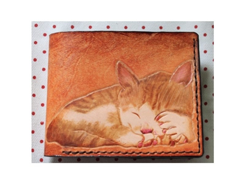宠物猫咪肖像深棕色纯牛皮手工双层短夹 (订做情人、生日送礼) - 皮夹/钱包 - 真皮 