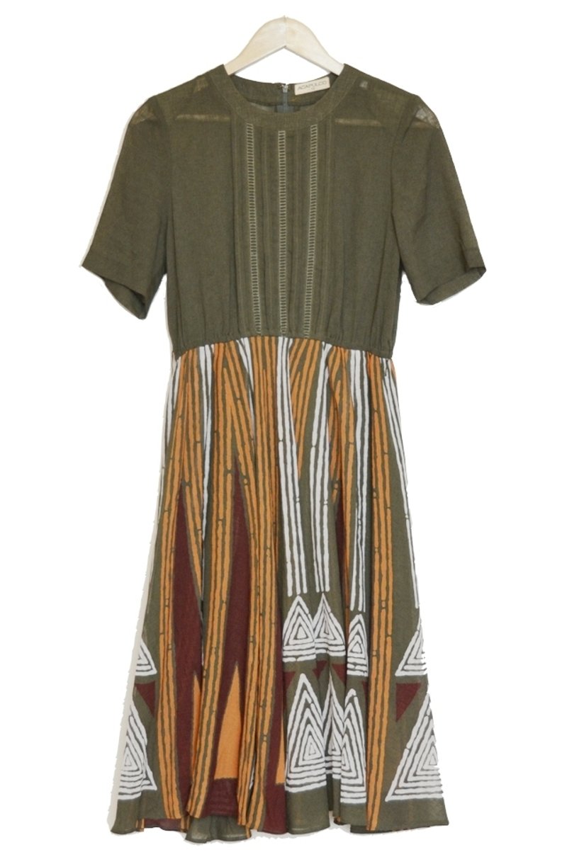 {地花ilakoa}【古着】日本制 清雅民族图腾风大地色系棉麻短袖洋装 - 洋装/连衣裙 - 其他材质 