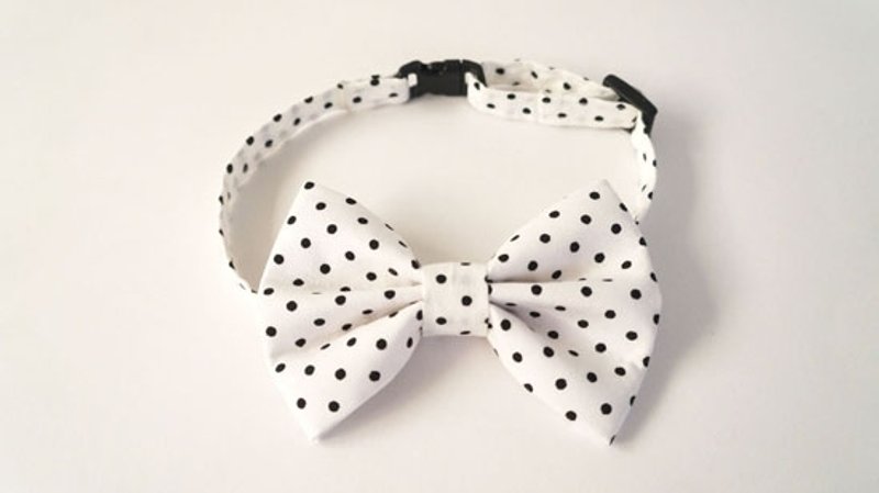 【Miya ko.杂货布手作】猫猫狗狗领结啾啾蝴蝶结可爱点点宠物项圈 - 项圈/牵绳 - 棉．麻 白色