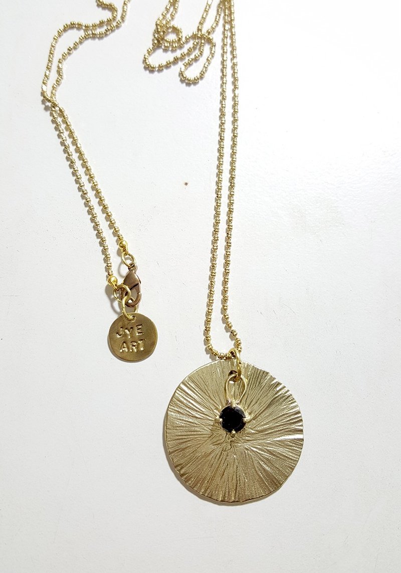 [现货*1] #004 敲打大圆片+黑色锆石吊坠 长链 - 项链 - 其他金属 金色