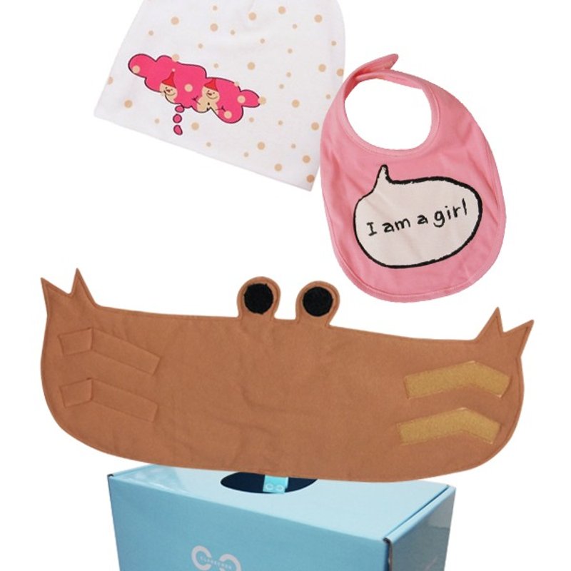 弥月小礼 happy combo 1 螃蟹防凉肚围+ㄧ条发声围兜+一顶有机雪人款帽子 - 满月礼盒 - 棉．麻 多色