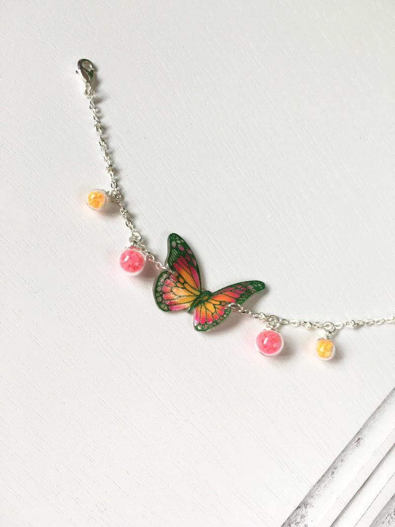 *Haku·Neko* [限定品] 夜光绿色纹理桃红橙色手绘蝴蝶光亮玻璃球手链 - 手链/手环 - 玻璃 粉红色