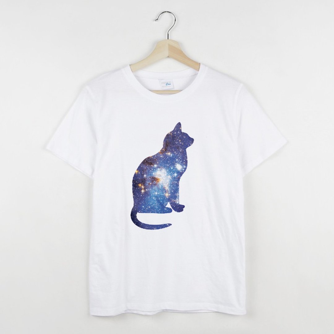 Cosmic Cat 短袖T恤白色 猫宇宙银河系文青礼物星球毛小孩 - 女装 T 恤 - 棉 白色