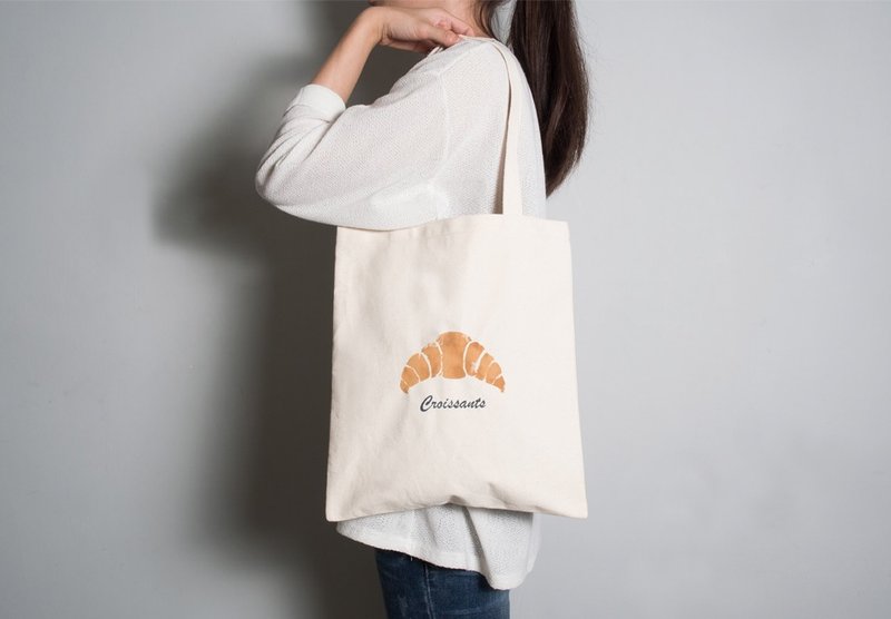 手绘手印 胚布提袋【牛角面包】单面图案 手提/肩背 - 侧背包/斜挎包 - 棉．麻 咖啡色