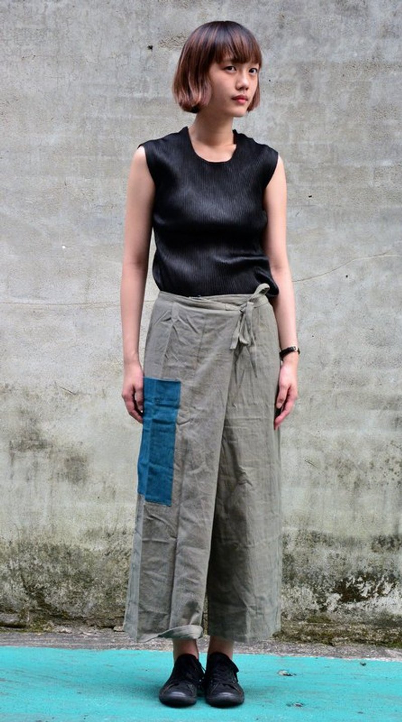 植物染绑带单边大口袋宽裤_灰绿 - 女装长裤 - 棉．麻 灰色