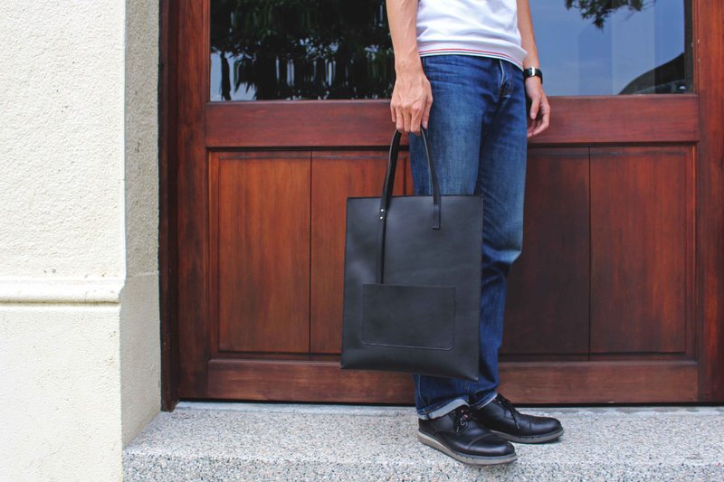 【VULCAN Slim - Tote】 意大利植物鞣牛皮 窄托特包 手提/肩背 - 手提包/手提袋 - 真皮 黑色