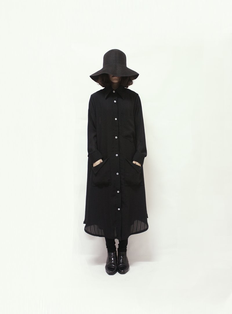 直条纹长板雪纺衬衫 - 女装衬衫 - 其他材质 黑色