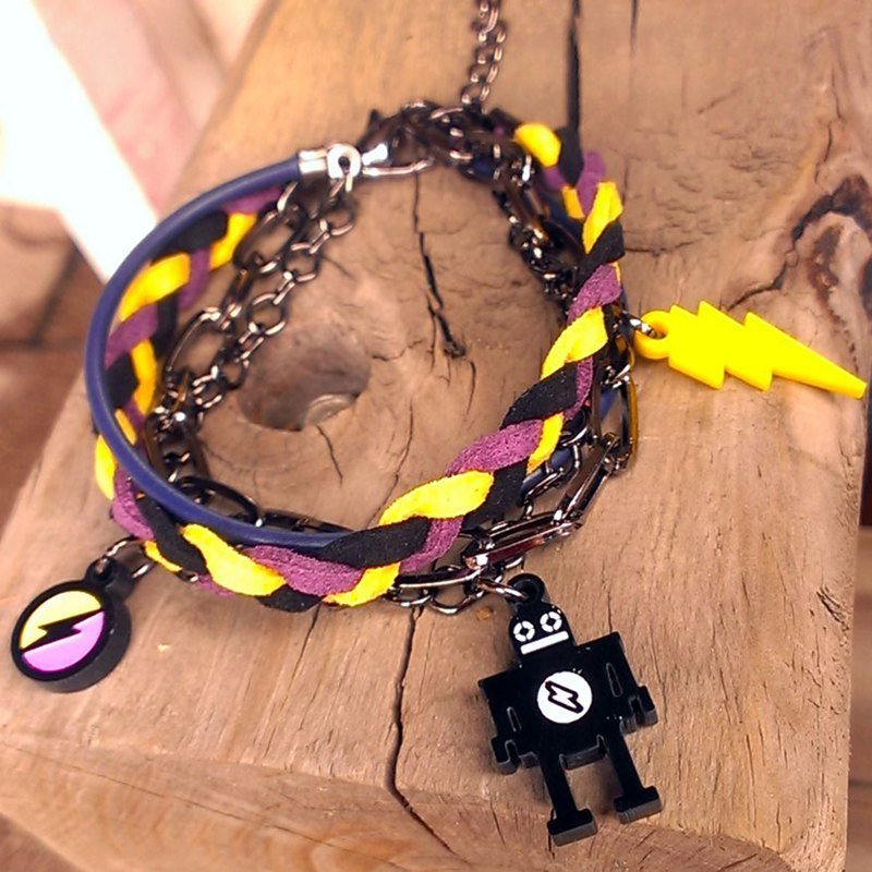 机器人/闪电符号/黑黄紫编绳搭配多层次手链 - 手链/手环 - 塑料 黄色