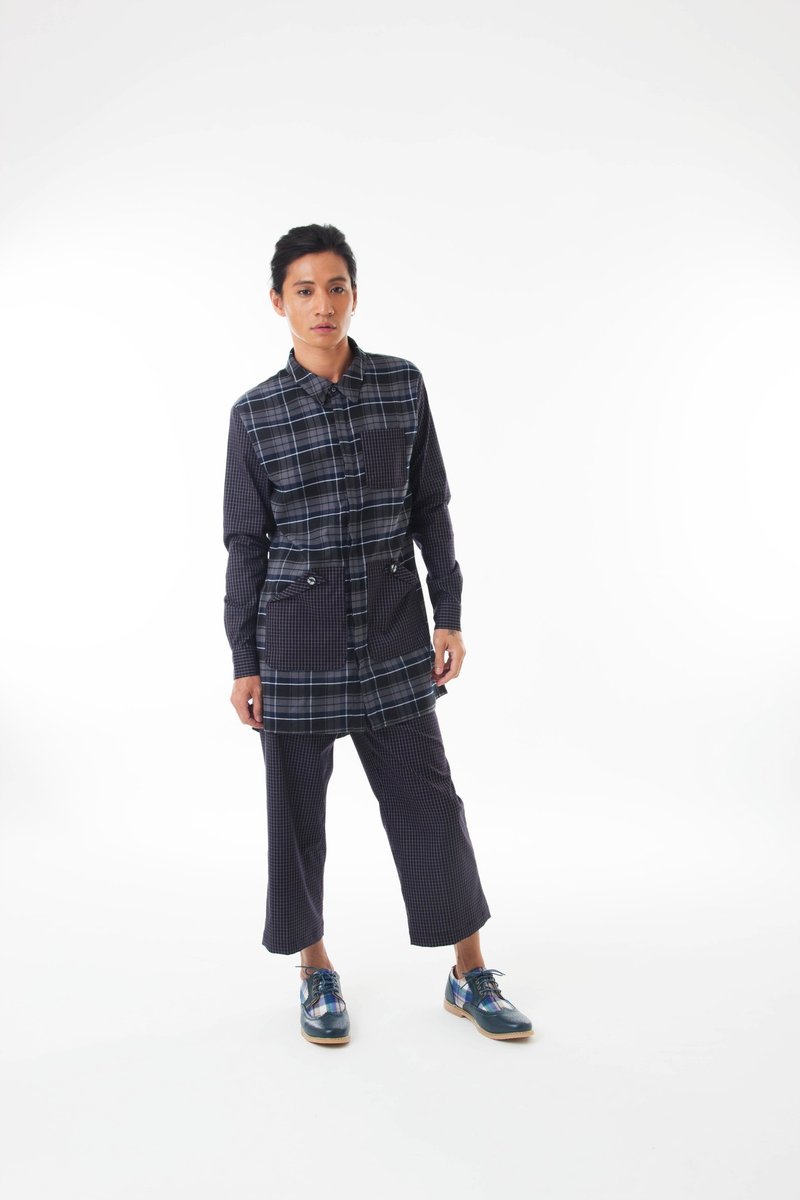Sevenfold - Bicolor plaid stitching shirt双色格纹拼接衬衫(深蓝色) - 男装衬衫 - 压克力 