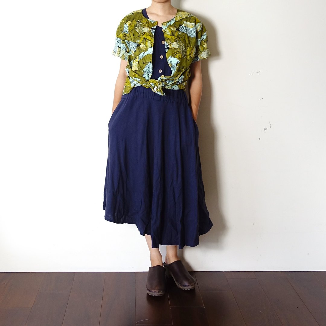 BajuTua/古着/ 橄榄绿线性色块圆领五分袖衫 - 女装上衣 - 棉 绿色