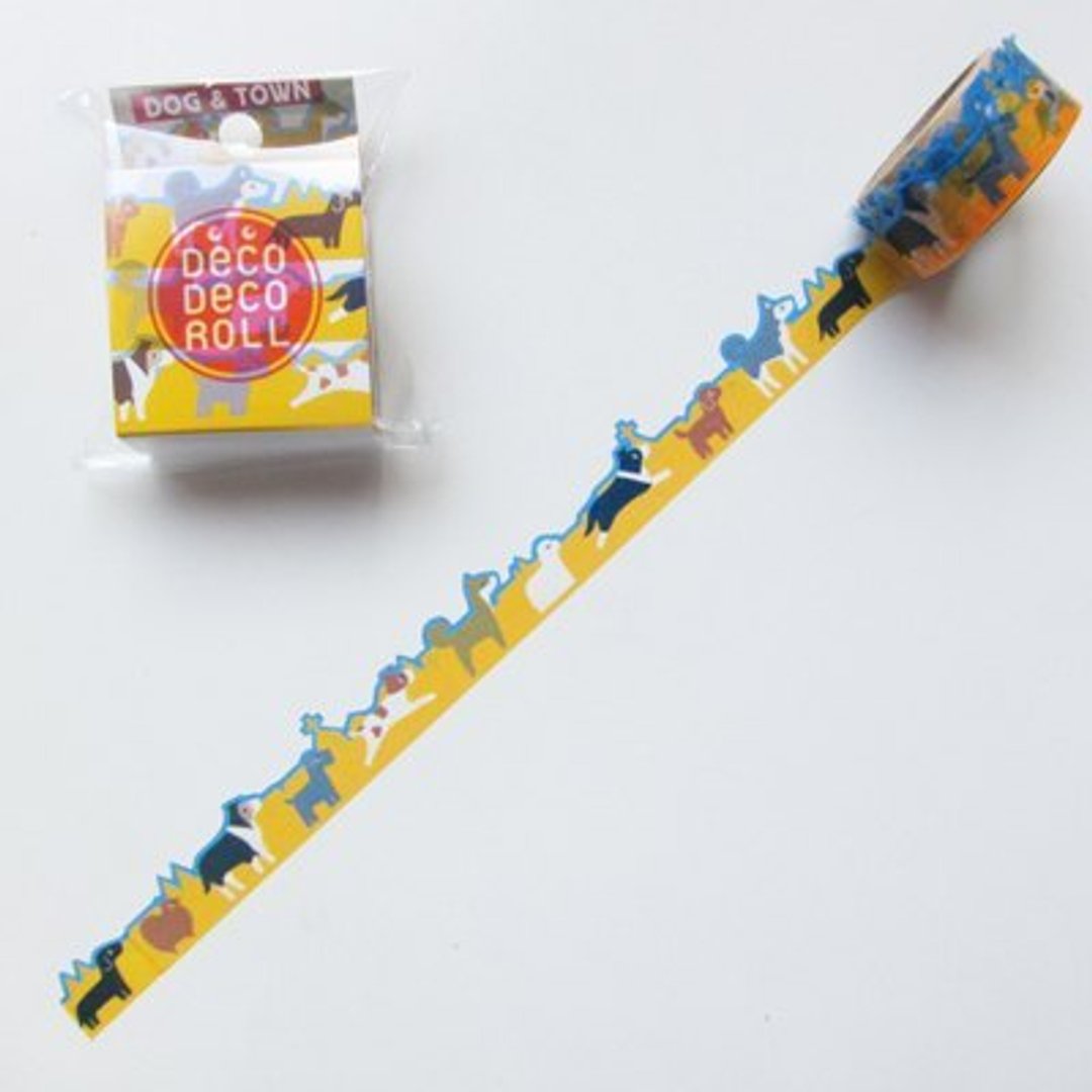 Asamidori Deco Deco Roll 去边纸胶带(AM-MK-004狗狗散步1) - 纸胶带 - 纸 黄色