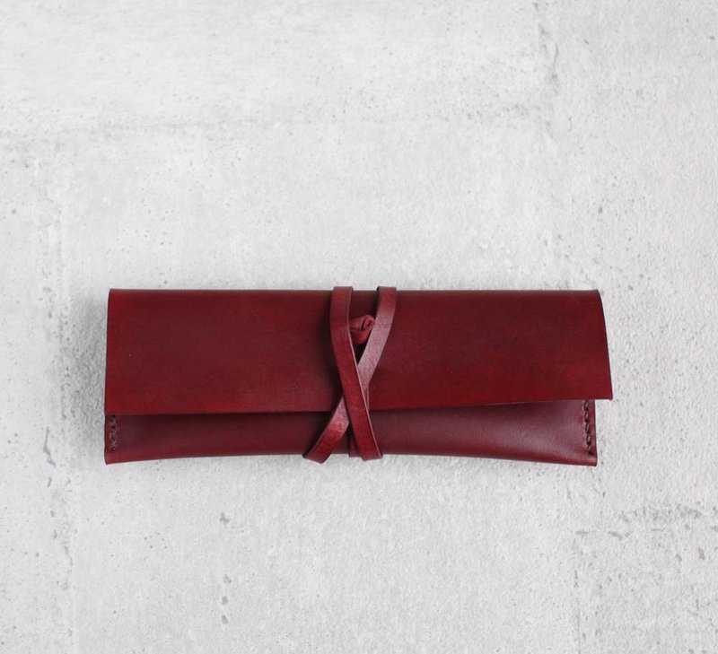 深酒红色全手缝植鞣牛皮真皮笔袋 英文名字钢印 - 铅笔盒/笔袋 - 真皮 灰色