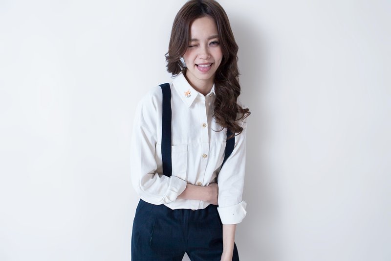 ◆ SUMI PLUS+手作系列_柴犬与尾巴宽版衬衫◆3AF052 - 女装衬衫 - 棉．麻 白色