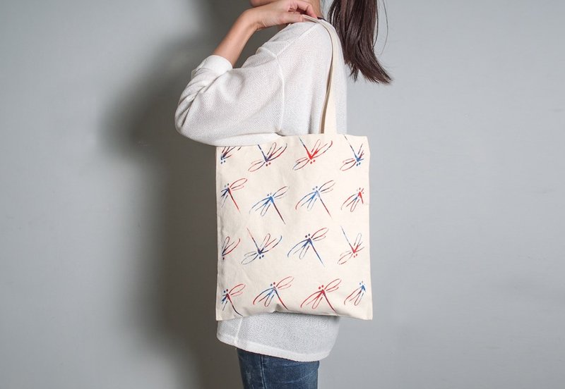 手绘手印 胚布提袋【蜻蜓】单面/双面 手提/肩背 蓝红/黄蓝 - 侧背包/斜挎包 - 棉．麻 多色