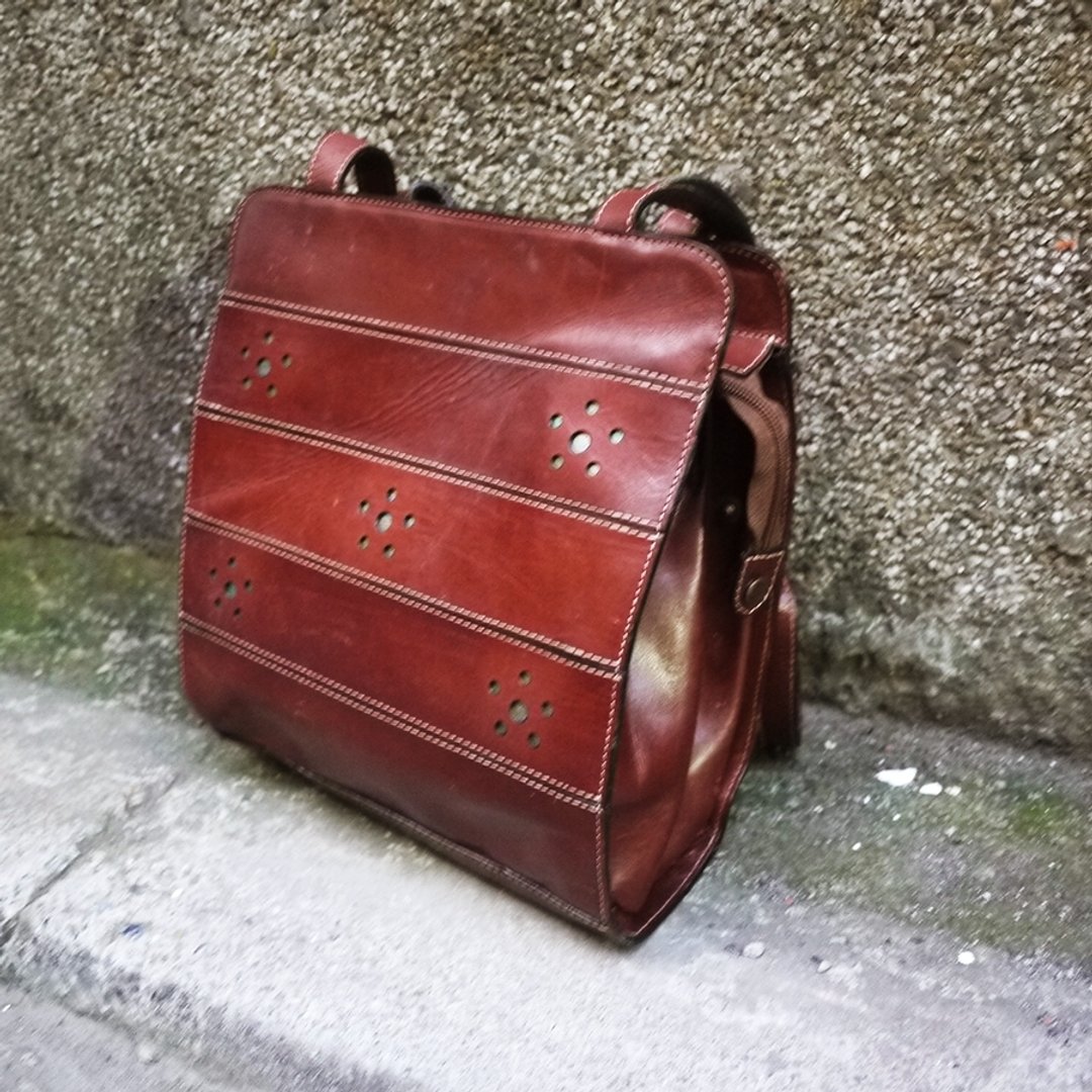 夕卡 Shika// Vintage Bag La jorta  经典植物鞣牛皮拼接古董侧背包 - 侧背包/斜挎包 - 其他材质 咖啡色