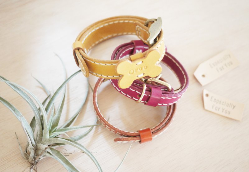 真皮手作 | 宠物狗狗项圈(尺寸XL)  防走失 双层/ 免费打印名字 电话 [回购热卖] - 项圈/牵绳 - 真皮 金色