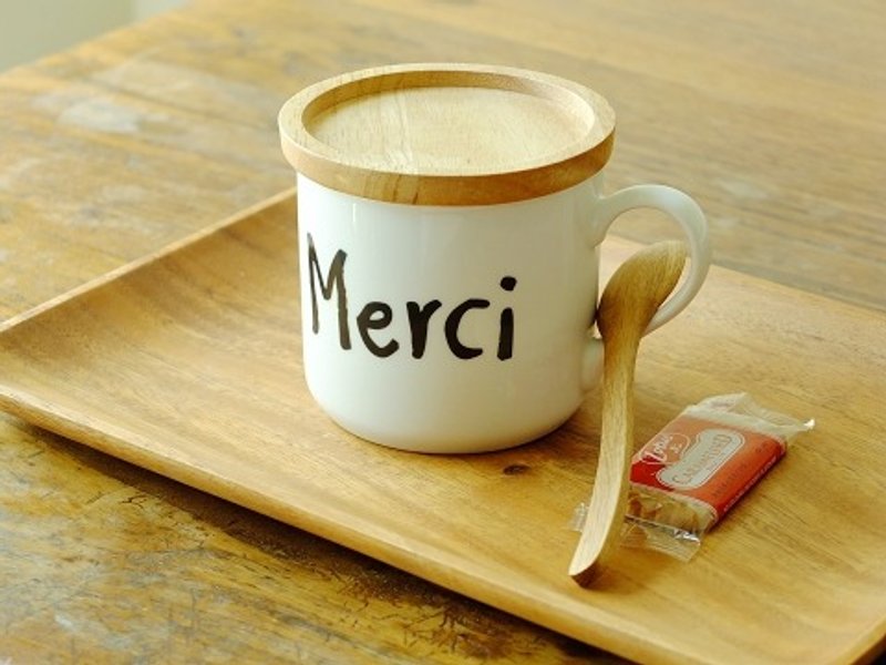 日本制IZAWA  Vivre日日元气马克杯附多用木盖  Merci谢谢 - 咖啡杯/马克杯 - 瓷 白色