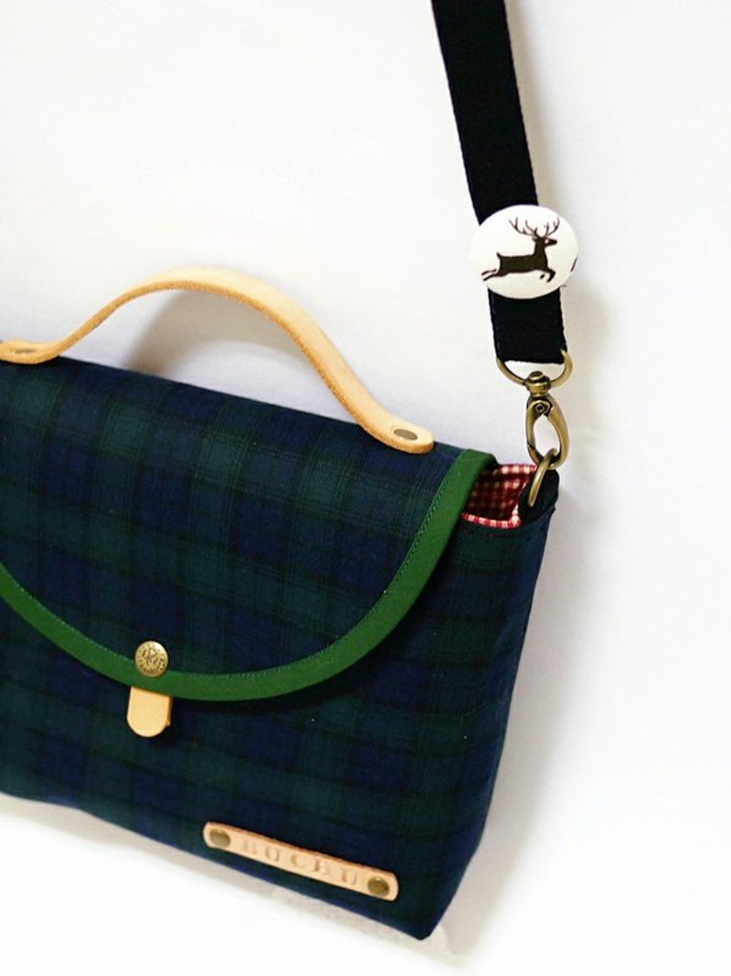 (圣诞手作●冬季限量)植鞣牛皮提把.斜背小书包 -绅士蓝绿格 - 侧背包/斜挎包 - 其他材质 绿色