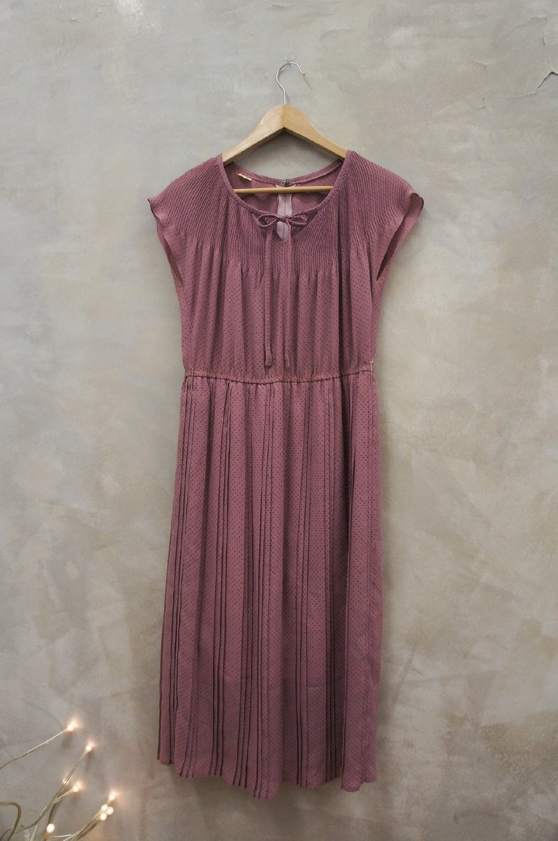 PdB 古着 细百褶 黑波点 淡紫色雪纺洋装 - 洋装/连衣裙 - 其他材质 紫色