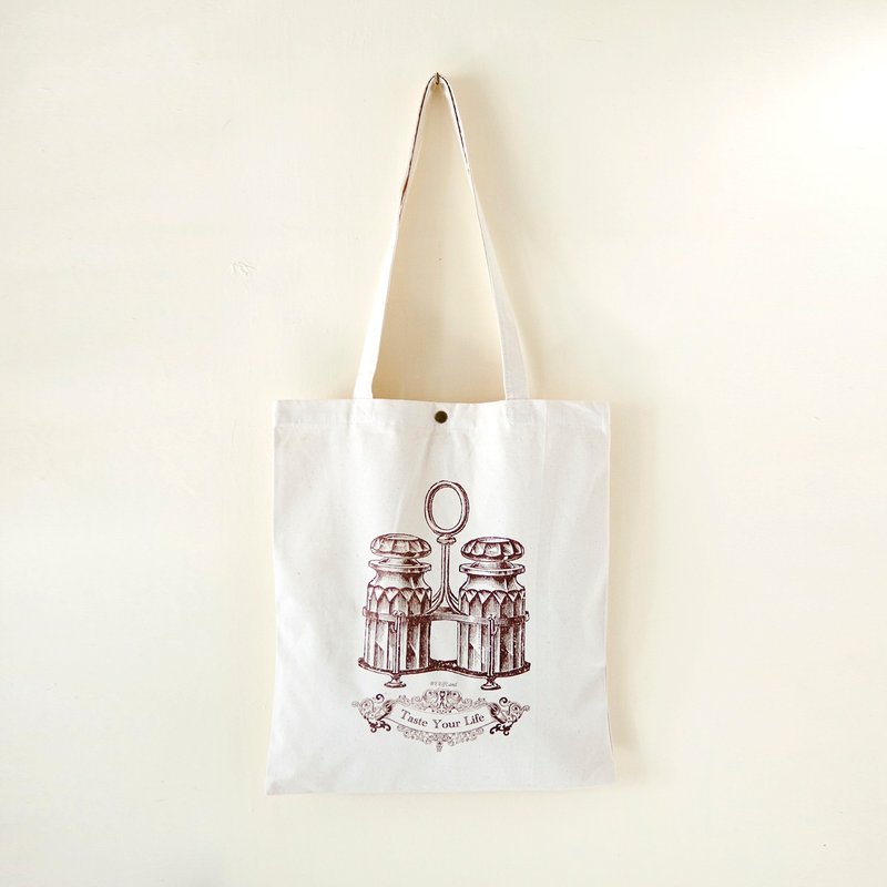 手制丝印帆布托特包 // 复古调味瓶图案 - 侧背包/斜挎包 - 其他材质 白色