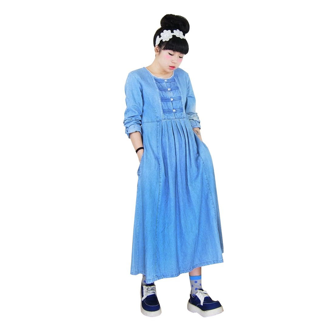 A·PRANK :DOLLY :: 古着VINTAGE浅蓝胸前造型钮扣长袖牛仔洋装(有口袋) - 洋装/连衣裙 - 其他材质 蓝色