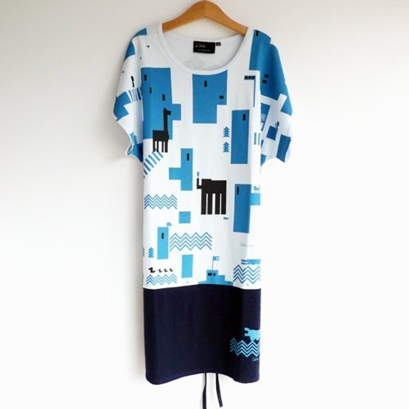 ：Urb.【积木城市】女/微蓝白+深蓝/创意双层绑绳款 - 洋装/连衣裙 - 棉．麻 蓝色