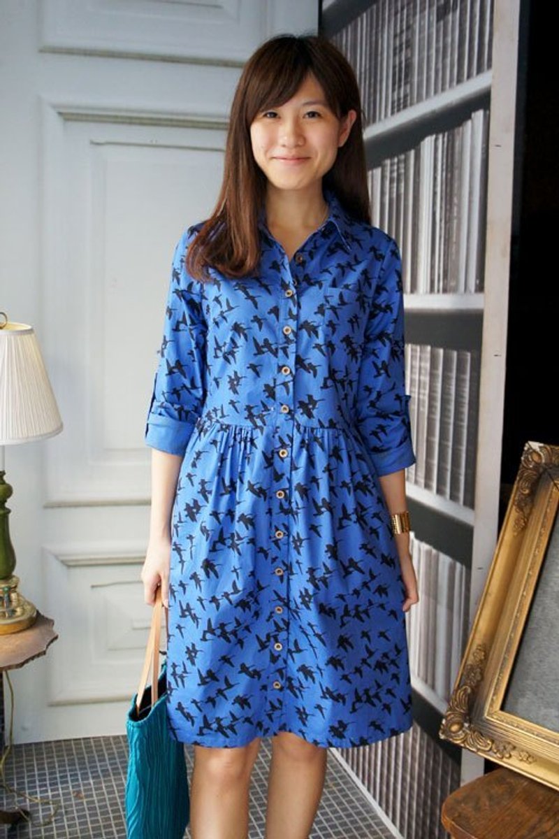 GEORGIA TSAO 蓝色雁子衬衫式洋装 - 洋装/连衣裙 - 棉．麻 蓝色