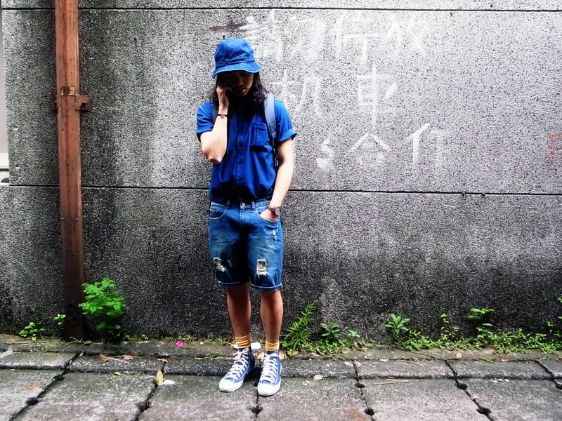 plain-me 自制单品  仿旧破坏感低腰牛仔短裤 - 女装长裤 - 其他材质 蓝色