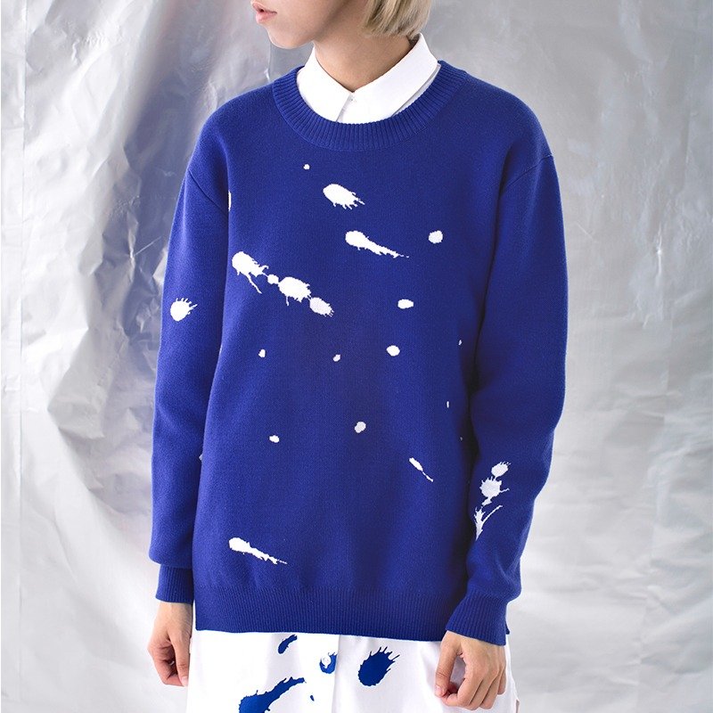 LLANO雪人系列宽松撞色墨迹圆领长款线衣 - 女装针织衫/毛衣 - 其他材质 蓝色