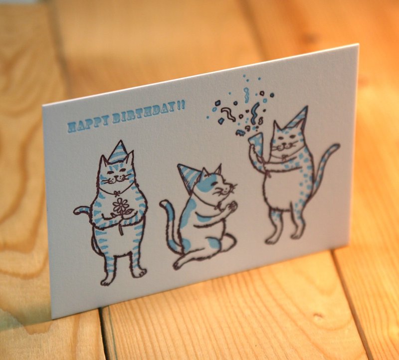Letterpress greeting card cat Happy Birthday (Blue) 2 pieces set - 卡片/明信片 - 纸 