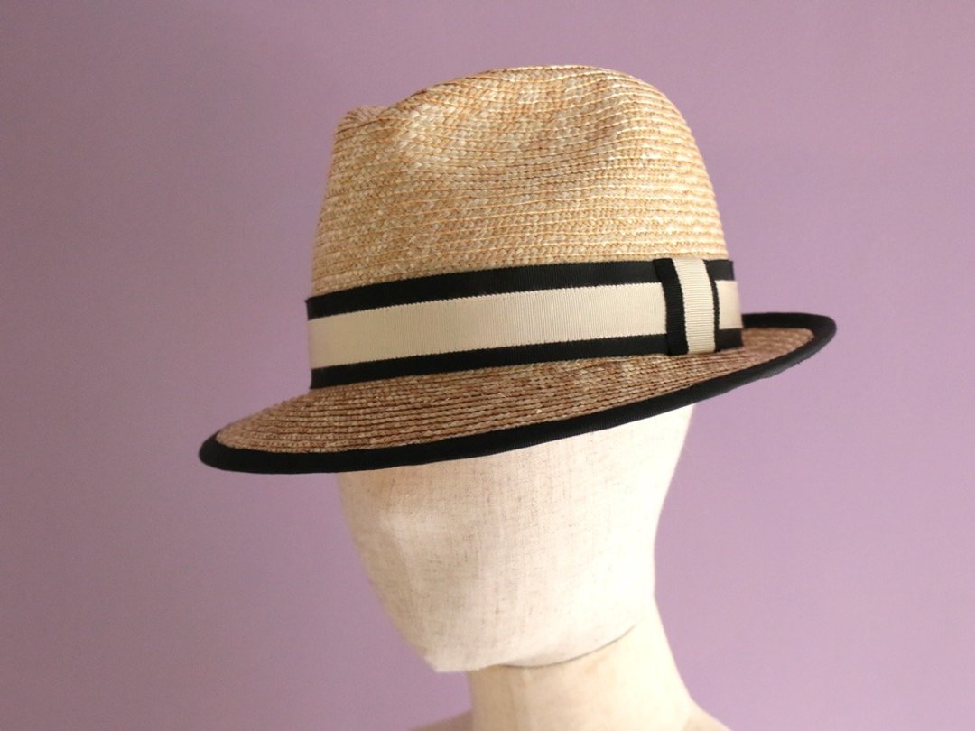 Straw Hat Black Trimmed Fedora Hat "Jean" - 帽子 - 其他材质 白色