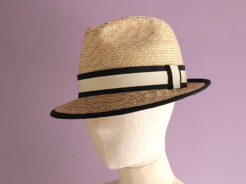 Straw Hat Black Trimmed Fedora Hat "Jean" - 帽子 - 其他材质 白色