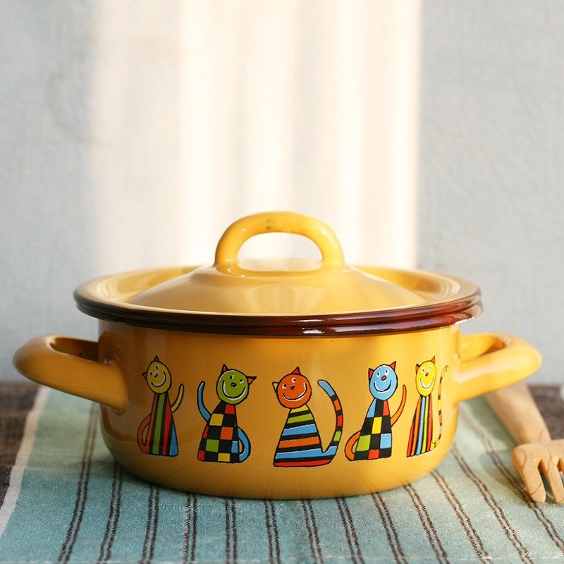 Smaltum布拉格 珐琅双耳锅 几何喵咪_橙黄 - 厨房用具 - 珐琅 黄色