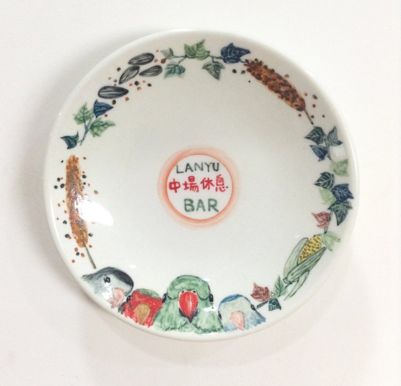 4只鹦鹉+饲料/地瓜叶 -【可定制文字】鹦鹉手绘小碟 - 浅碟/小碟子 - 瓷 多色