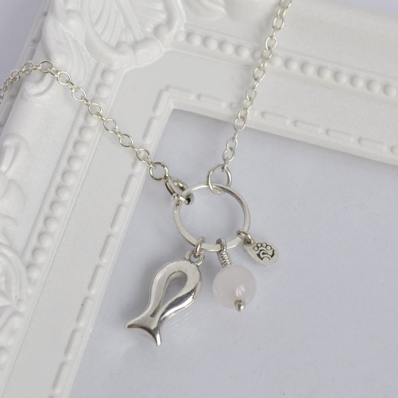 膨膨小鱼坠+粉晶手链 纯银 - 手链/手环 - 纯银 银色