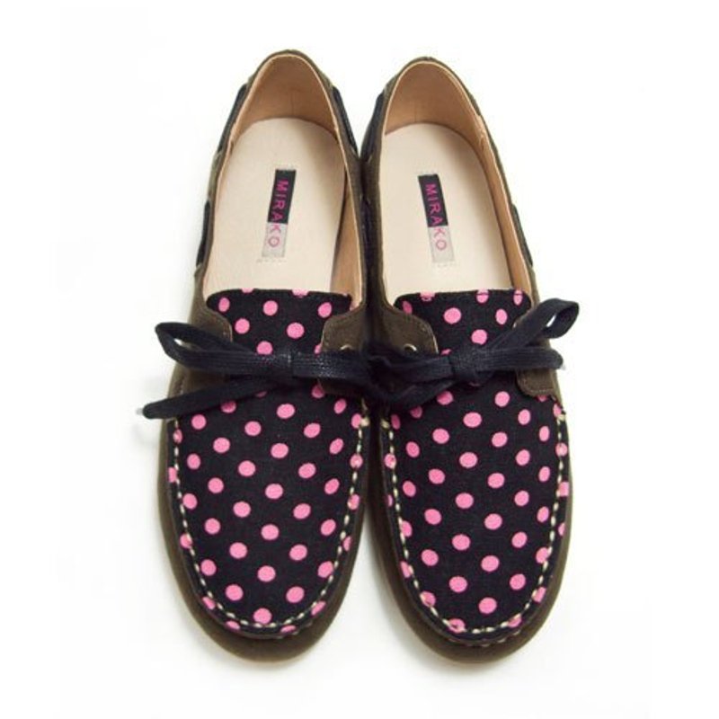 Mirako 经典缤纷麂皮布帆船鞋 M1106A，粉点绿 - 女款休闲鞋 - 其他材质 粉红色