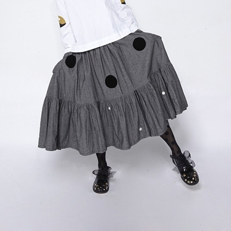 秋灰棉麻黑白点点长裙 - 裙子 - 棉．麻 灰色