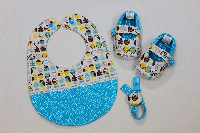 祈福平安猫头鹰(蓝)~鞋+兜兜+奶嘴夹弥月礼.满月礼 - 满月礼盒 - 其他材质 