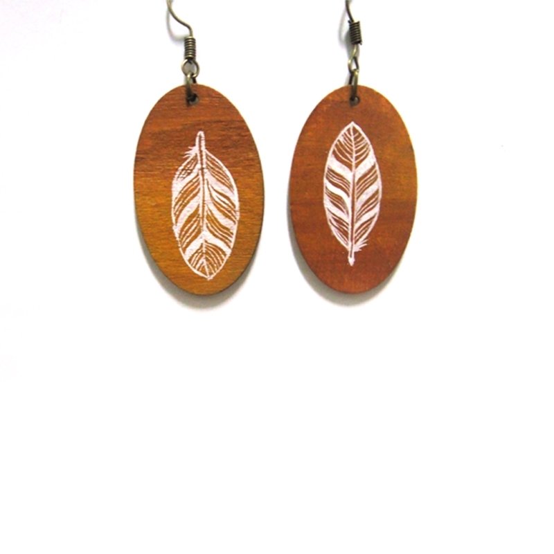 羽毛收集者 - 耳环/耳夹 - 木头 咖啡色