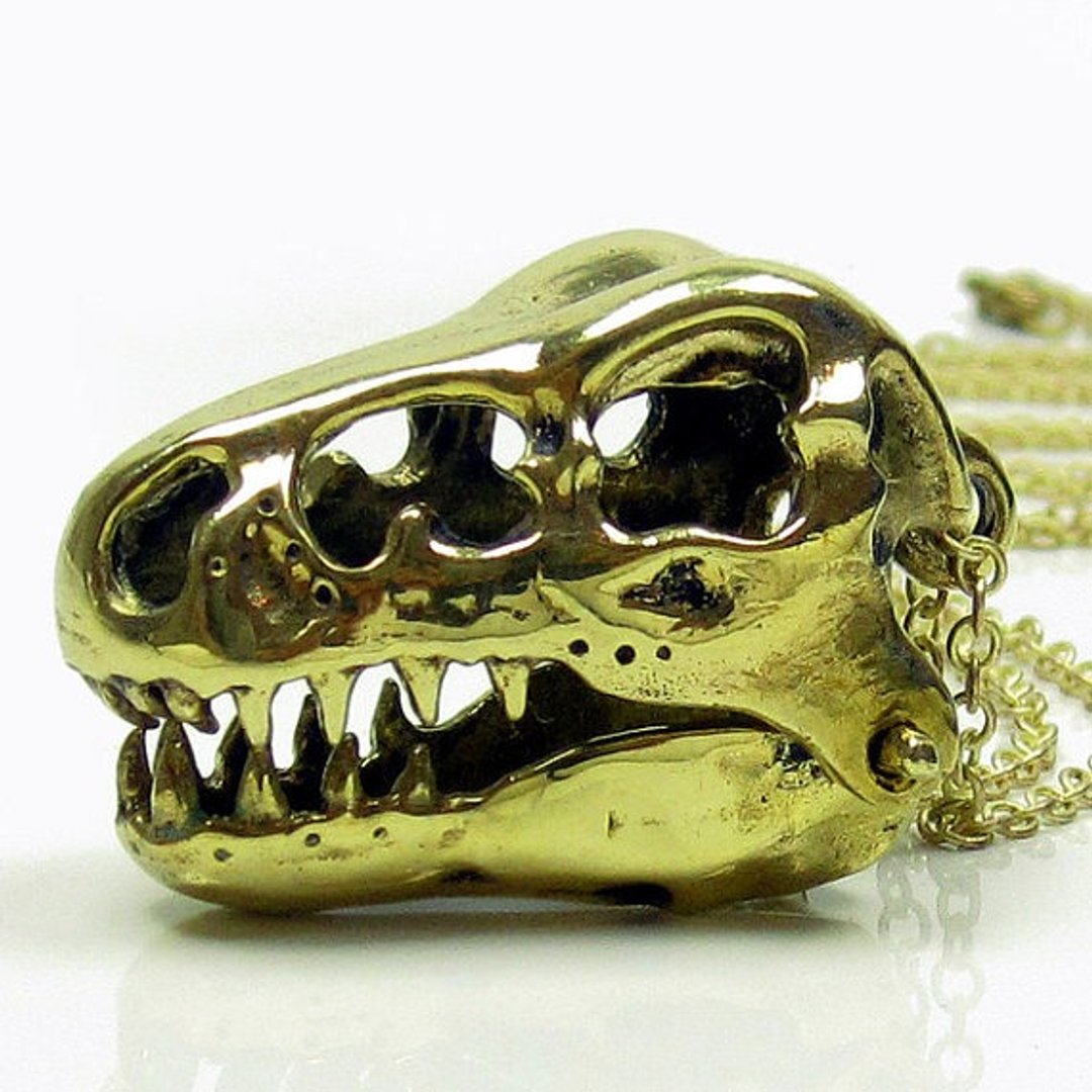 T-rex skull Pendant in brass with oxidized antique gold color  ,Rocker jewelry ,Skull jewelry,Biker jewelry - 项链 - 其他金属 