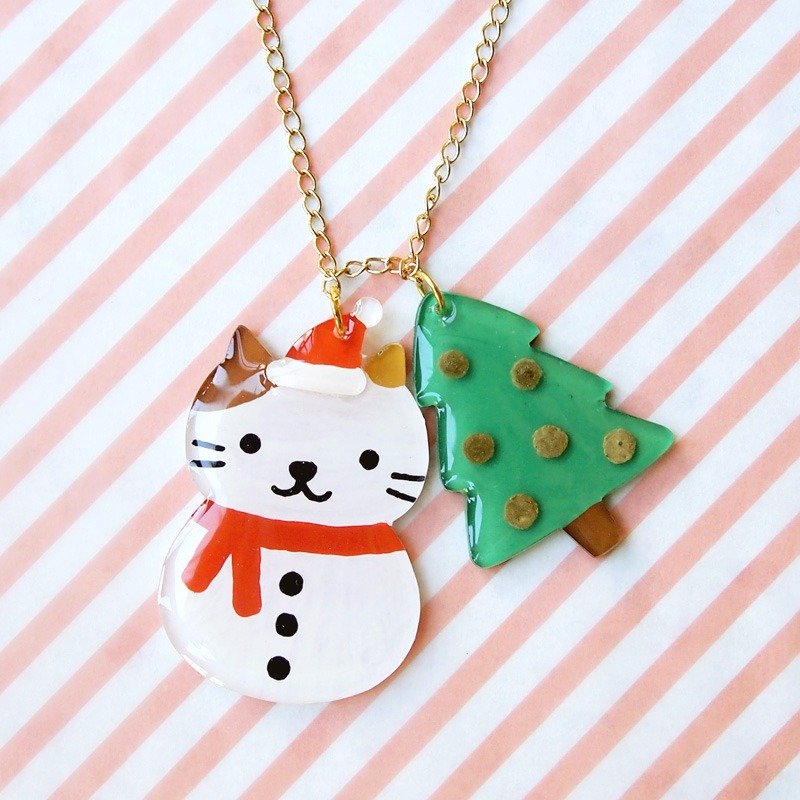 Meow原创手作Xmas圣诞限定版猫猫雪人和圣诞树项链 - 期间限定 - 项链 - 塑料 白色