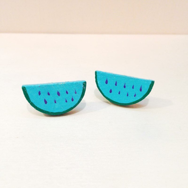 手绘木头耳针-毛怪西瓜 - 耳环/耳夹 - 木头 