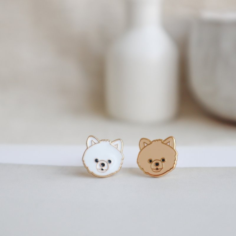博美狗 Pomeranian  夹式 耳环 生日礼物 宠物饰品 狗狗 纸盒包装 - 耳环/耳夹 - 珐琅 白色