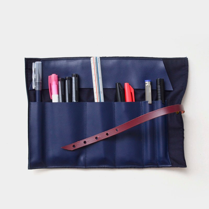 【海神寿司】牛皮笔袋 皮革铅笔盒 工具袋 钢笔 卷轴式 毕业礼物 定制刻字当礼物 爸爸节 父亲节 - 铅笔盒/笔袋 - 其他材质 蓝色