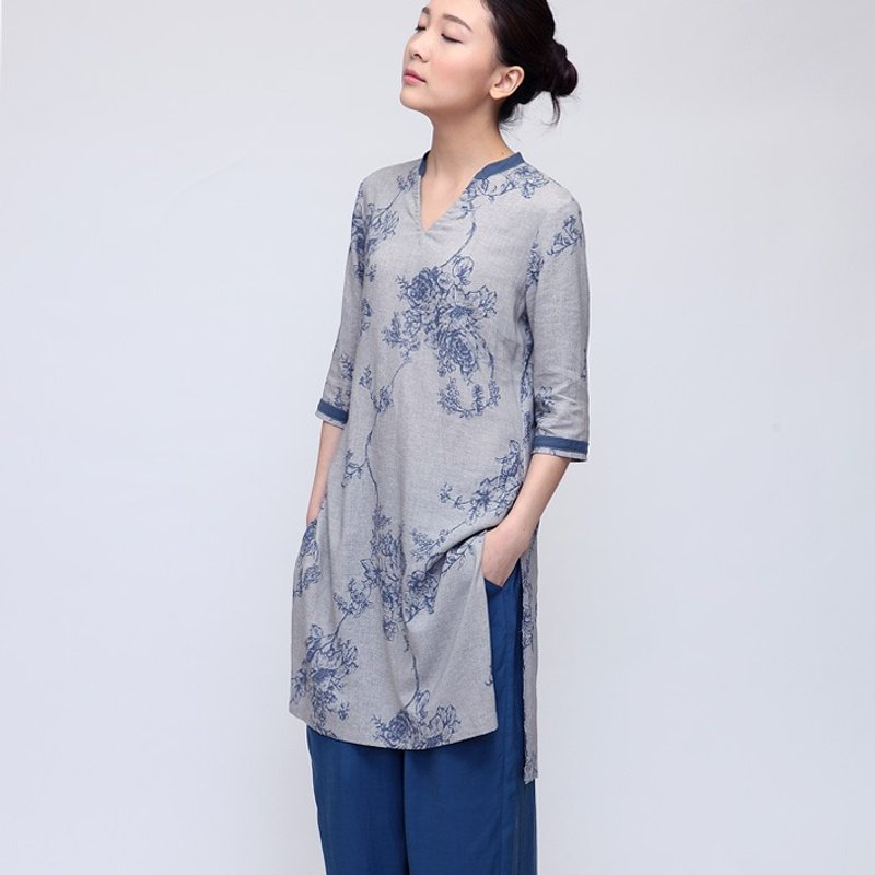 亞麻改良中式旗袍禪意套頭長衫 莫蘭迪色   D140501 - 旗袍 - 棉．麻 灰色