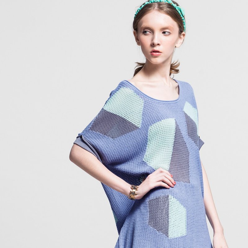 配色色块针织线衫-浅蓝 NOVI - 女装上衣 - 其他材质 蓝色