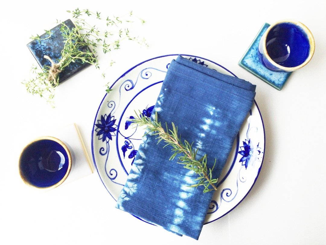 Shibori Stitch 蓝染自然图案多功能布 手帕 - 摆饰 - 棉 蓝色