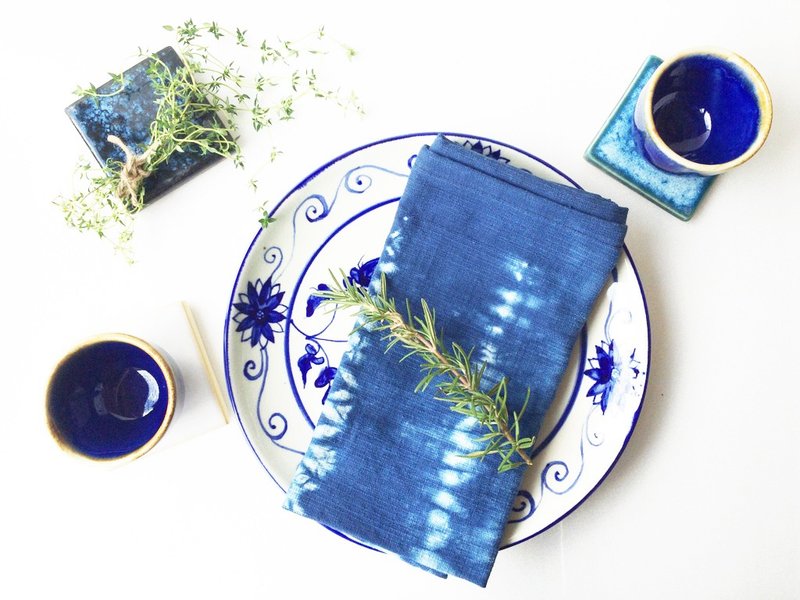 Shibori Stitch 蓝染自然图案多功能布 手帕 - 摆饰 - 棉．麻 蓝色