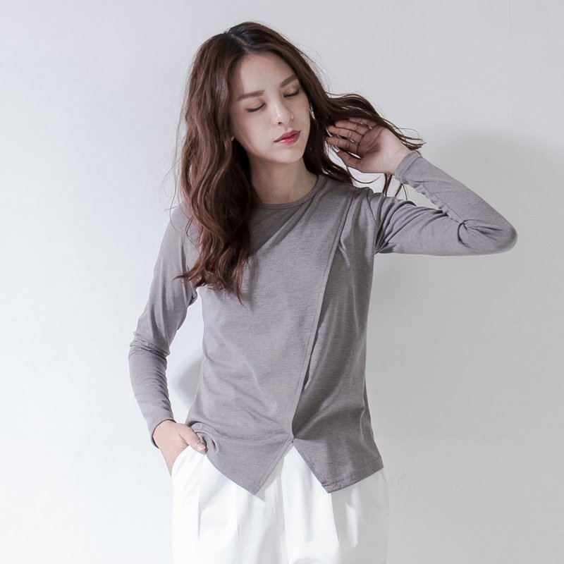 SUMI Sloping 造型斜前片开岔上衣 _5AF003_灰 - 女装上衣 - 棉．麻 灰色